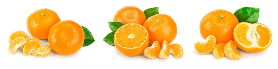 tangerine or mandarin fruit with leaves isolated on white background. Set or collection