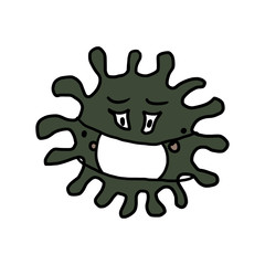 Coronavirus covid 19 cell with a protection face mask. Crazy cartoon mascot. Hand drawn illustration, great design for tee or textile print.