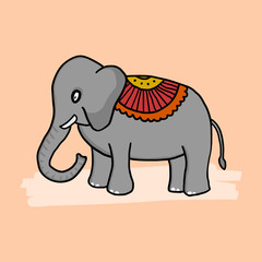 Cartoon doodle elephant with traditional indian decoration. Isolated vector drawing in childish style.