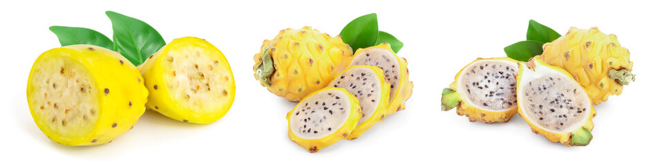 Ripe Dragon fruit, Pitaya or Pitahaya yellow isolated on white background, fruit healthy concept. Set or collection