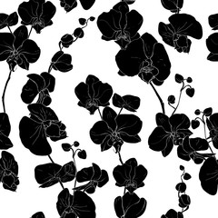 Floral seamless pattern with black silhouettes of orchid flowers on white background.Hand drawn. Tropical plants for design, textile, print, wallpapers, wrapping paper. Vector stock illustration.