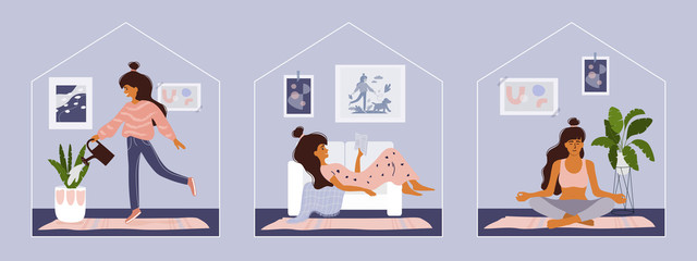 Stay home concept. Girl takes care for houseplants, reading book, doing yoga. Cozy modern scandinavian interior. Self isolation, quarantine due to coronavirus. Set of illustration of  home activities - obrazy, fototapety, plakaty