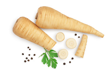 Parsnip root and slices with parsley peppercorns isolated on white background with clipping path. Top view. Flat lay