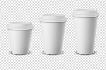 Vector 3d White Realistic Disposable Closed Paper, Plastic Coffee Cup for Drinks with White, Brown and Black Lid Set Closeup Isolated on Transparent Background. Design Template, Mockup. Front View