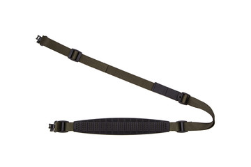 Shoulder strap. Green nylon fastening belt, strap isolated on white background.