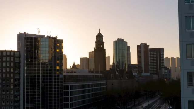 Timelapse of the skyline of Rotterdam during a beautiful sunrise in 4K
