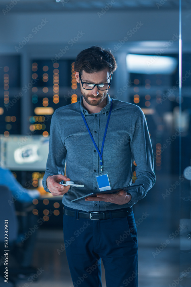 Aufkleber In Technology Research Facility: Chief Engineer Stands in the Middle of the Lab, Uses Tablet Computer. Team of Industrial Engineers, Developers Work on Engine Design Use Digital Whiteboard, Computer