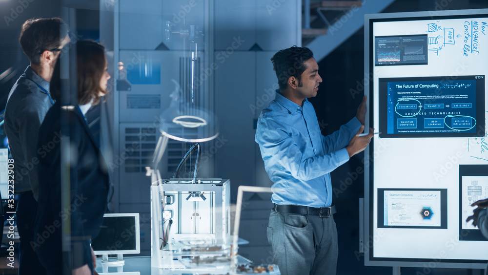 Aufkleber Engineers Meeting in Technology Research Laboratory: Male Engineer Leads Presentation Using Digital Whiteboard, Shows Machine Blueprint, Data Analytics and Neural Network while Colleagues Listening