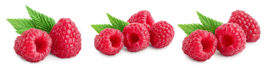 Ripe raspberries with leaf isolated on a white background, Set or collection