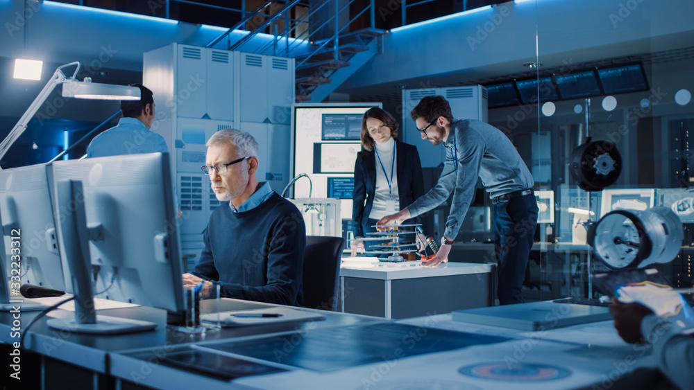Poster Diverse International Team of Industrial Engineers and Scientists Working in Research Laboratory and Development Center. People Working with 3D Printing, Using Computers, Designing Hardware