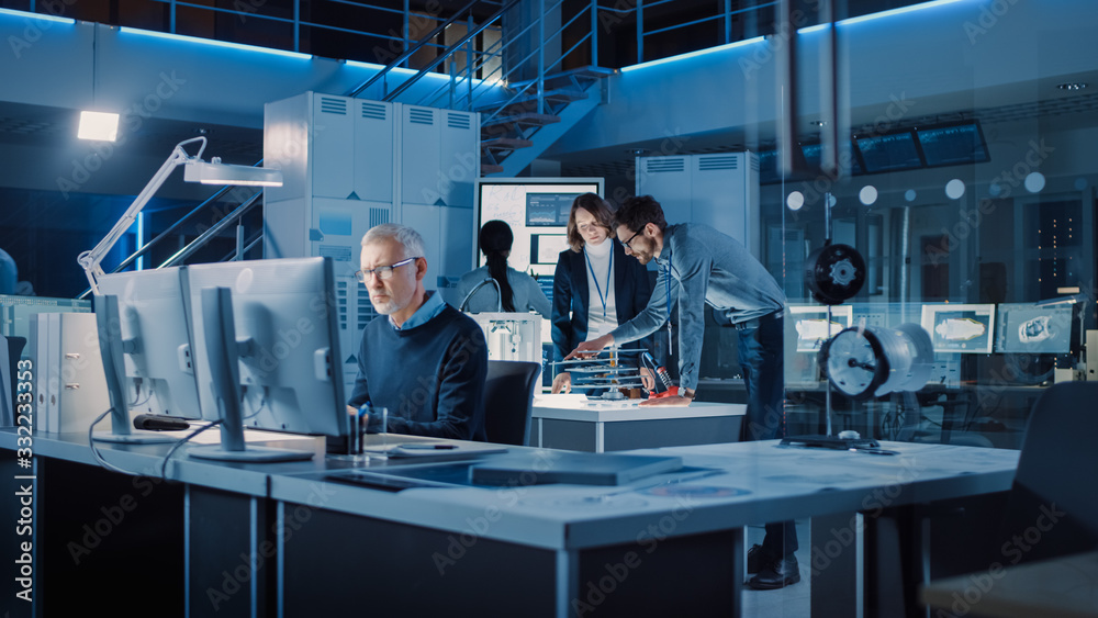Poster Diverse International Team of Industrial Engineers and Scientists Working in Industrial Design Development Laboratory. Group of Professionals Developing New Efficient Engine Concept Design