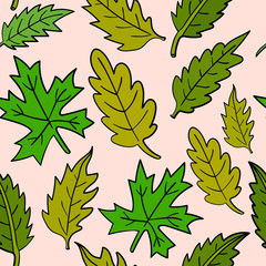 Cute cartoon doodle leaves seamless pattern. Floral background. Fall leaf. Vector illustration. 