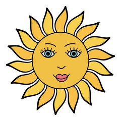 Cute cartoon doodle sun character isolated on white background. Vector illustration.  