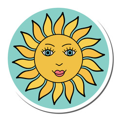 Cute cartoon doodle sun character sticker isolated on white background. Vector illustration. 