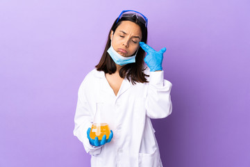 Scientist woman investigating a vaccine to cure coronavirus disease with problems making suicide gesture