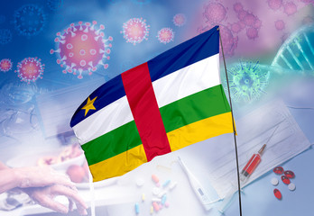 Coronavirus (COVID-19) outbreak and coronaviruses influenza background as dangerous flu strain cases as a pandemic medical health risk. Central African Republic Flag with corona virus and their preven