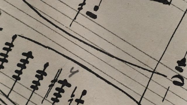 camera movement along a musical notepad, close up, macro view, slider moving