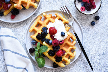 Classic Viennese waffles with yogurt and berries for breakfast. View from above.