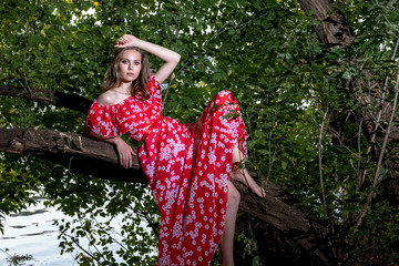 A beautiful young girl with perfect skin, with long hair in a red dress lies on a tree branch with a relaxed