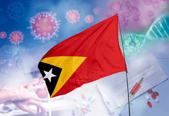 Coronavirus (COVID-19) outbreak and coronaviruses influenza background as dangerous flu strain cases as a pandemic medical health risk. East Timor Flag with corona virus and their prevention.
