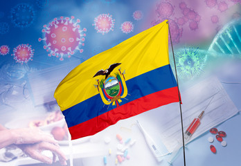 Coronavirus (COVID-19) outbreak and coronaviruses influenza background as dangerous flu strain cases as a pandemic medical health risk. Ecuador Flag with corona virus and their prevention.