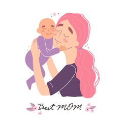 Mothers day greeting card, mother hugs baby