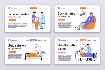Obraz na płótnie Canvas Sick man with a cold disease web banners. Vaccination. Hospitalization patient. Stay at home. Symptoms of a virus disease flat vector illustration. Concept for web page, presentation, site