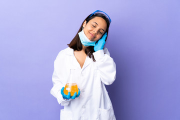 Scientist woman investigating a vaccine to cure coronavirus disease making sleep gesture in dorable...