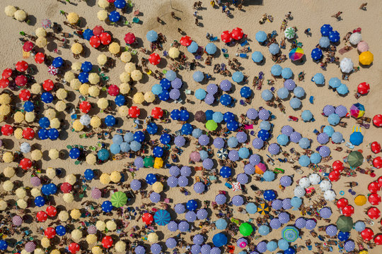 Aerial shot of crowded Copacabana beach in Rio de Janeiro Brazil
