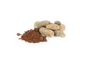 Cocoa beans with cacao powder isolated on white background, healthy natural food