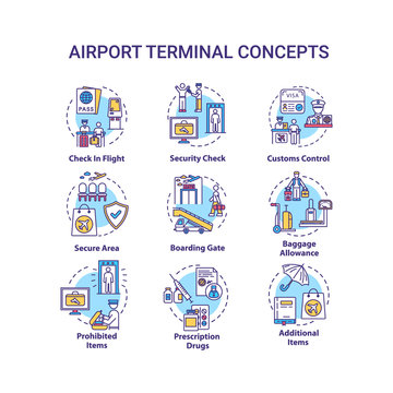 Airport terminal concept icons set. Security check, boarding gate idea thin line RGB color illustrations. Customs control, baggage allowance. Vector isolated outline drawings. Editable stroke