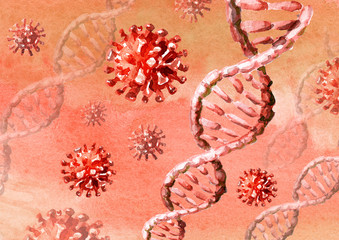 Dangerous corona virus, dna, pandemic risk  Concept. Coronavirus disease COVID 19 infection. Pathogen respiratory influenza virus cells. Hand drawn watercolor illustration