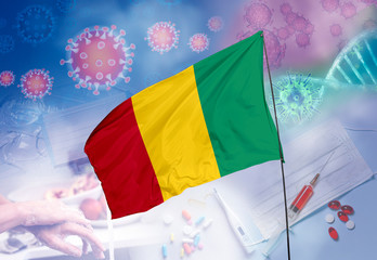 Coronavirus (COVID-19) outbreak and coronaviruses influenza background as dangerous flu strain cases as a pandemic medical health risk. Guinea Flag with corona virus and their prevention.