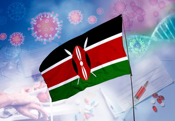 Coronavirus (COVID-19) outbreak and coronaviruses influenza background as dangerous flu strain cases as a pandemic medical health risk. Kenya Flag with corona virus and their prevention.
