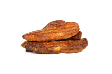 Sun-dried bananas on a white background. Dried bananas close-up.
