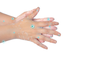 Close up of washing hands with soap with blue corona virus isolated on white background. Coronavirus prevention hand hygiene. Corona Virus pandemic protection by cleaning hands frequently.