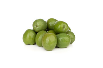 Pickled olives on a white background. Bunch of pickled green olives isolated on white background.