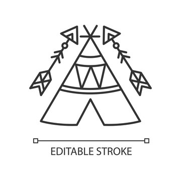 Tribal teepee in boho style pixel perfect linear icon. Native American dwelling. Thin line customizable illustration. Contour symbol. Vector isolated outline drawing. Editable stroke illustration