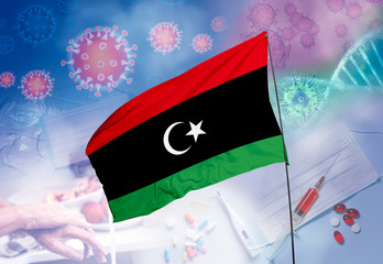 Coronavirus (COVID-19) outbreak and coronaviruses influenza background as dangerous flu strain cases as a pandemic medical health risk. Libya Flag with corona virus and their prevention.