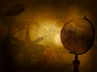 Vintage globe and clock on retro canvas paper. Dark old pattern with map