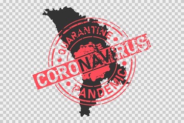 Coronavirus stamp on Moldova map. Concept of quarantine, isolation and pandemic of the virus in country. Grunge style texture stamp over black moldovan map. Vector illustration.