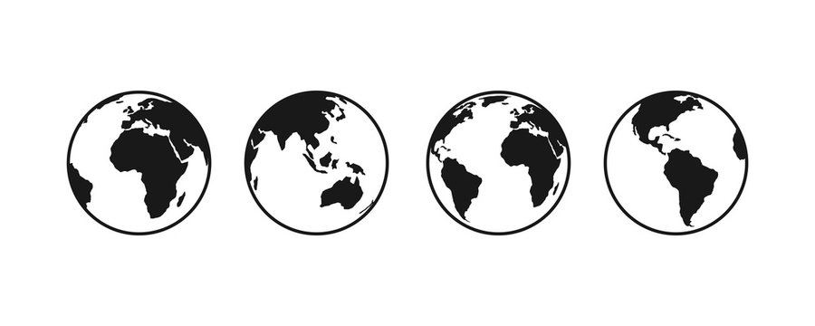 Earth globe icon set. earth hemispheres with continents. world map in globe shape isolated on white background. vector