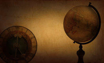 Fototapeta na wymiar Vintage globe and clock on retro canvas paper. Dark old pattern with map