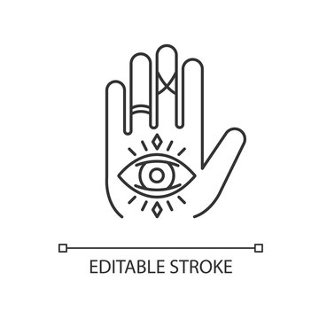 Hand and eye esoteric pixel perfect linear icon. All seeing eye magical sign. Thin line customizable illustration. Contour symbol. Vector isolated outline drawing. Editable stroke illustration