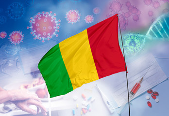 Coronavirus (COVID-19) outbreak and coronaviruses influenza background as dangerous flu strain cases as a pandemic medical health risk. Mali Flag with corona virus and their prevention.
