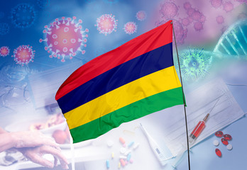 Coronavirus (COVID-19) outbreak and coronaviruses influenza background as dangerous flu strain cases as a pandemic medical health risk. Mauritius Flag with corona virus and their prevention.