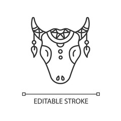 Tribal cattle head pixel perfect linear icon. Cow skull with feather. Thin line customizable illustration. Contour symbol. Vector isolated outline drawing. Editable stroke illustration
