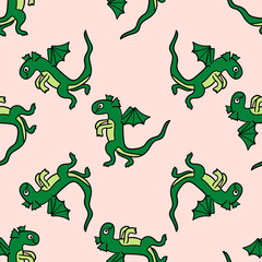 Obraz premium Cute cartoon doodle seamless pattern with green dragon on pink. Monster background. Vector illustration. 