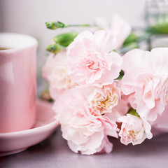 Pink cup and pink carnation flowers on a light background