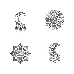 Boho style accessories pixel perfect linear icons set. Esoteric amulets. Dreamcatcher handmade charm. Customizable thin line contour symbols. Isolated vector outline illustrations. Editable stroke